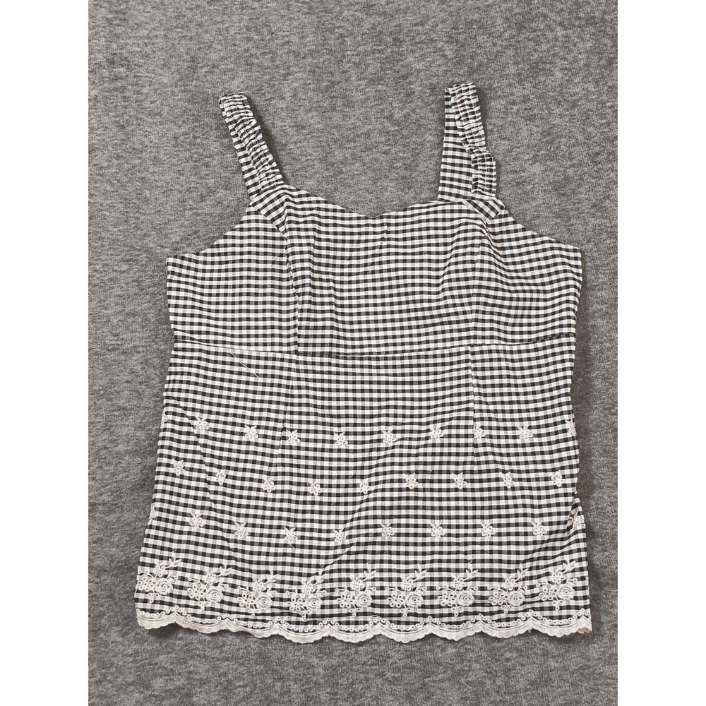 Black & White checkef Plaid eyelet lace cami top SZ XL cottage picnic style tank